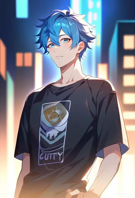 1boy, male focus, short hair, blue hair, blue eyes, graphic t-shirt, punk t-shirt, digital illustration, cyan and black, looking at viewer, busy city street, atmospheric lighting, night, blurry, best quality, amazing quality, best aesthetic, absurdres
