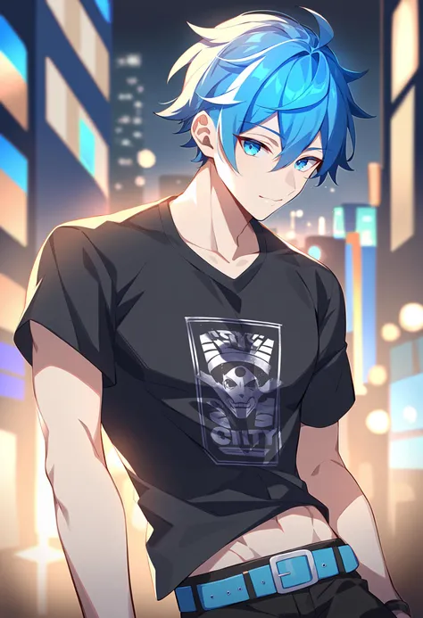 1boy, male focus, short hair, blue hair, blue eyes, graphic t-shirt, punk t-shirt, digital illustration, cyan and black, looking at viewer, busy city street, belt, black pants, atmospheric lighting, midriff peek, night, blurry, best quality, amazing quality, best aesthetic, absurdres
