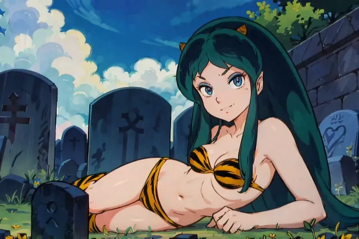 nsfw,masterpiece, best quality,solo, long hair, blue eyes, green hair, horns, <lora:EdobUruseiYatsura1981_v4.0:0.8>,evil_smile,  looking_at_viewer, (secluded graveyard:1.2), BIKINI TIGER PRINT