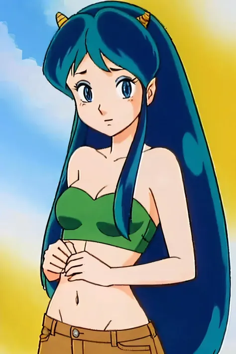 (Realistic:1.5) solo, long hair, blue eyes, green hair, horns, Tube top with high-waisted shorts<lora:EdobUruseiYatsura1981_v3.0:0.8>