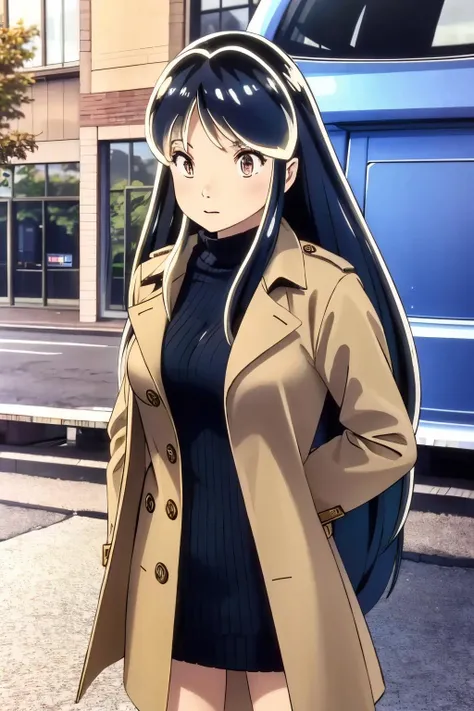 (Realistic:1.5) Trench coat with a sweater dress<lora:EdobUruseiYatsura_v2.0:0.8>