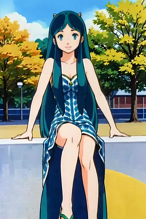 (Realistic:1.5) solo, long hair, blue eyes, green hair, horns, Printed dress with sandals<lora:EdobUruseiYatsura1981_v3.0:0.8>
