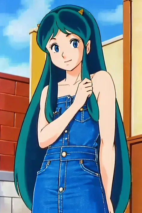 (Realistic:1.5) solo, long hair, blue eyes, green hair, horns, Denim shirt with a midi skirt<lora:EdobUruseiYatsura1981_v3.0:0.8>