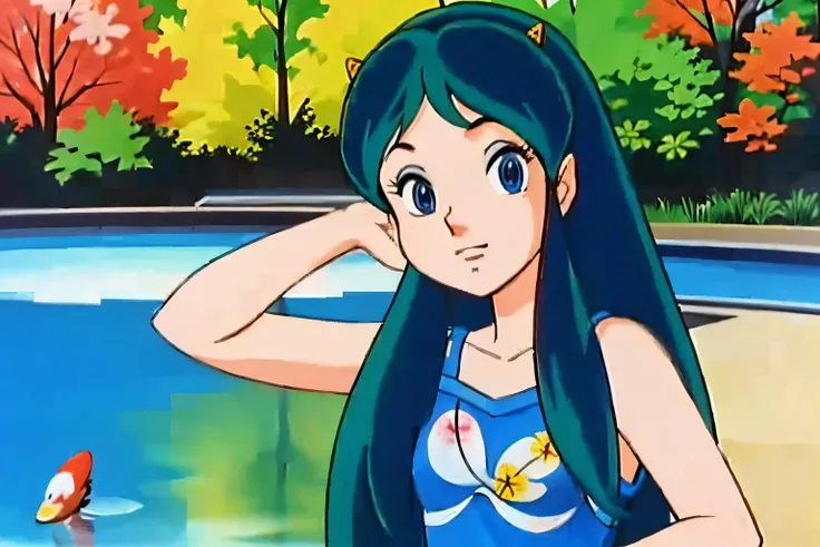(Realistic:1.5) full body shot, solo, long hair, blue eyes, green hair, horns, Overalls with a graphic tee, A tranquil Japanese garden with koi ponds and cherry blossoms. background, <lora:EdobUruseiYatsura1981_v4.0:0.8>