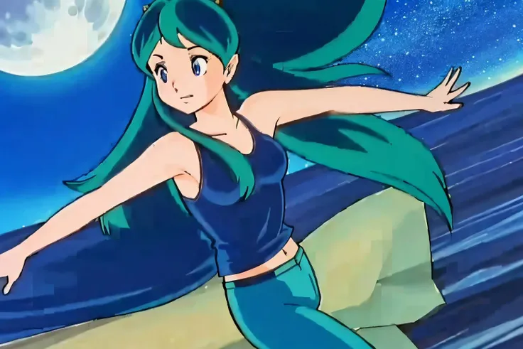 (Realistic:1.5) full body shot, solo, long hair, blue eyes, green hair, horns, Linen pants with a tank top, A moonlit beach with the stars reflecting on the calm ocean. background, <lora:EdobUruseiYatsura1981_v4.0:0.8>