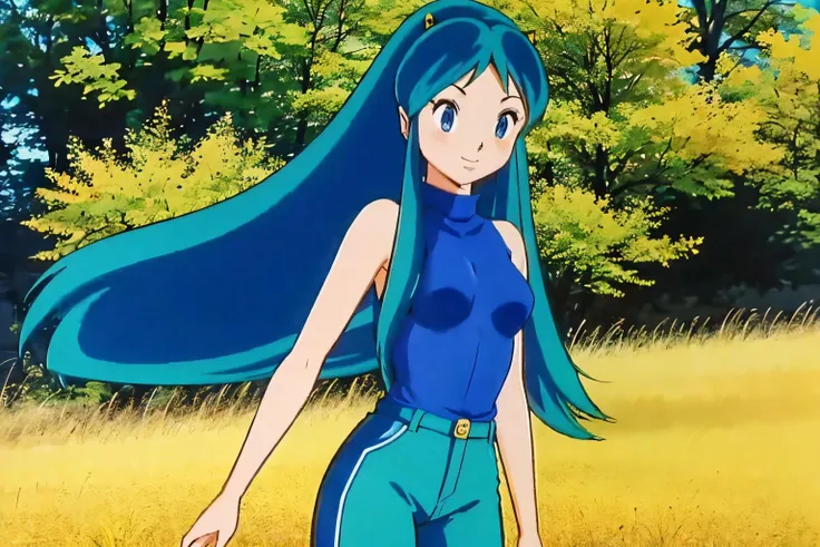 (Realistic:1.5) full body shot, solo, long hair, blue eyes, green hair, horns, Leather pants with a sweater, A peaceful, sunlit meadow with a gentle breeze rustling tall grass. background, <lora:EdobUruseiYatsura1981_v4.0:0.8>
