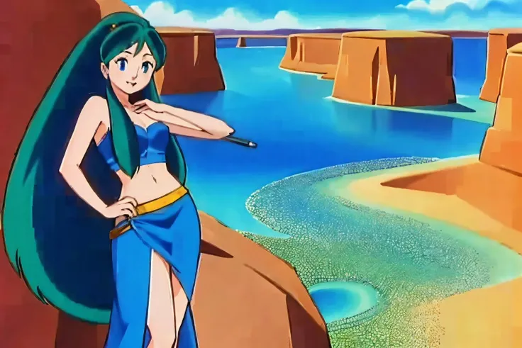 (Realistic:1.5) full body shot, solo, long hair, blue eyes, green hair, horns, Cargo pants with a tank top, A coastal cliffside with crashing waves and a panoramic ocean view. background, <lora:EdobUruseiYatsura1981_v4.0:0.8>