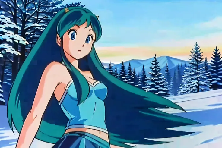 (Realistic:1.5) full body shot, solo, long hair, blue eyes, green hair, horns, Lace skirt with a tank top, A frozen wonderland with ice formations and snow-covered trees. background, <lora:EdobUruseiYatsura1981_v4.0:0.8>