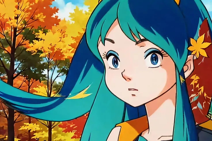 (Realistic:1.5) full body shot, solo, long hair, blue eyes, green hair, horns, Bomber jacket with joggers, A peaceful, sun-dappled grove of aspen trees in autumn. background, <lora:EdobUruseiYatsura1981_v4.0:0.8>
