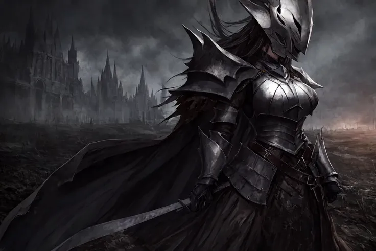 (masterpiece:1.2), best quality, (dark aesthetic, gloomy aesthetic, horror aesthetic:1.2), dark undertones, (cinematic lighting:1.2), (detailed lighting:1.1), pixiv, realistic proportions, villain, evil, (breastplate, battle pose:1.2), (1girl:1.1), (face mask:1.20), messy hair, (spiky, accessories:1.1), (armored dress, cape:1.2), (transparent bodysuit:1.1), (full body view:0.8), dynamic pose, dutch angle, (extremely detailed landscape:1.3), (highres, absurdres:1.2)