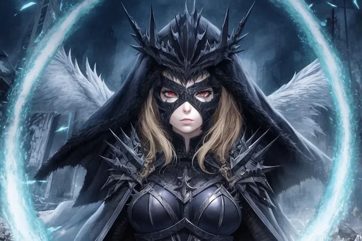 (masterpiece:1.2), best quality, (dark aesthetic, gloomy aesthetic, horror aesthetic:1.2), dark undertones, (cinematic lighting:1.2), (detailed lighting:1.1), pixiv, realistic proportions, villain, evil, (breastplate, battle pose:1.2), (1girl:1.2), ((slim:1.1) intricate armored dress:1.2), (face mask:1.20), (messy hair:1.1), (spiky, accessories, cape:1.1), (transparent bodysuit:1.1), (full body view:0.8), dynamic pose, dutch angle, (extremely detailed landscape:1.3), (highres, absurdres:1.2), colorful