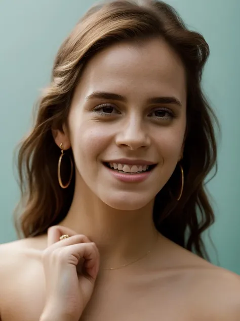 Realistic photo of a beautiful 3mm4w-v2 woman, 1girl, solo, long hair, looking at viewer, smile, blonde hair, simple background, brown hair, brown eyes, jewelry, earrings, teeth, hand up, grin, lips, blue background, portrait, realistic, nose, soft lighting, professional Photography, Photorealistic, detailed, RAW, analog, sharp focus, 8k, HD, high quality, masterpiece<lora:3mm4w-v2:1.0>