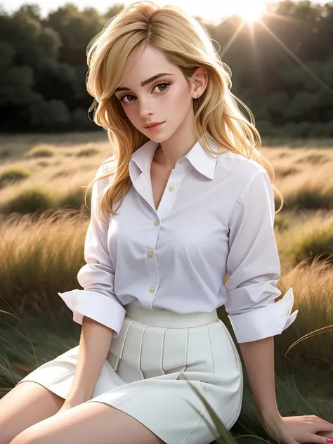 Realistic photo of a beautiful 3mm4w-v2 woman,  1girl, solo, long hair, breasts, looking at viewer, skirt, blonde hair, shirt, sitting, white shirt, nail polish, lips, white skirt, grass, freckles, realistic, dirty, sunlight, soft lighting, professional Photography, Photorealistic, detailed, RAW, analog, sharp focus, 8k, HD, high quality, masterpiece<lora:3mm4w-v2:1.0>