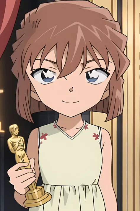 haibaratv, anime screencap, ((best quality)) , ((masterpiece)), extremely detailed, unity ,2k wallpaper, amazing, finely detail, masterpiece, best quality, extremely detailed 8k wallpaper, huge file size , ultra-detailed, highres, extremely detailed, detailed face, (1girl), a -yeirl, light on face, look at viewer, finely detailed beautiful eyes, brown hair, short hair, solo, slim body, light smile, spot light, indoor, Academy Award ceremony, red curtain, (elegant evening gown), (holding an Oscar trophy), standing, <lora:haibaratv:0.8>