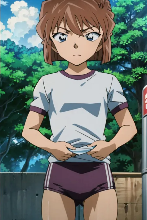 haibaratv,1girl,brown hair,short hair,<lora:haibaratv:0.8>,solo,anime screencap,cowboy shot,gym uniform,school,outdoors,