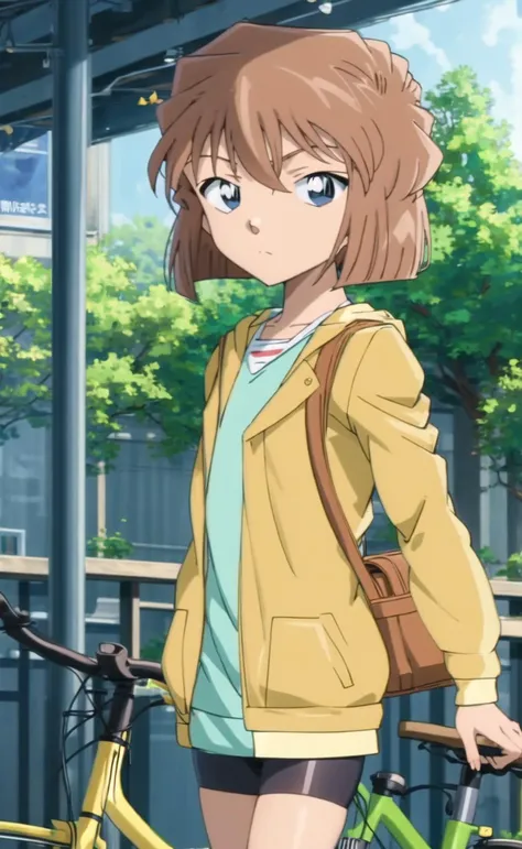 haibaratv,1girl, solo, anime screencap,brown hair,short hair,jacket,,,  zitome,  ,(expressionless, clear face:1.1), 
aquarium, indoors, 
bicycle, ground vehicle, looking at viewer, ring, blurry, bag, blurry background, lips, long sleeves, leaning forward, outdoors, realistic, shirt, shoulder bag 
(,facing away, looking away, looking afar, looking at another, looking to the side:1.1), cowboy shot, 
<lora:haibaraAiAnimeStyle_v1:0.8:N78=disable_IN07-08>