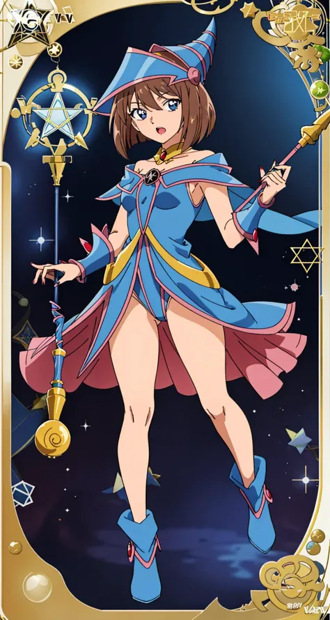 haibaratv,dark magician girl, masterpiece, best quality, 1girl, brown hair, blue footwear, blue headwear,duel monster, hat, hexagram, small breasts, short hair, looking at viewer, nail polish, open mouth, pentacle, pentagram, solo, staff, wizard hat, yu-gi-oh!,standing, wand, holding wand,
<lora:darkMagicianGirlLora_1:0.35> <lora:haibaratv:0.6>