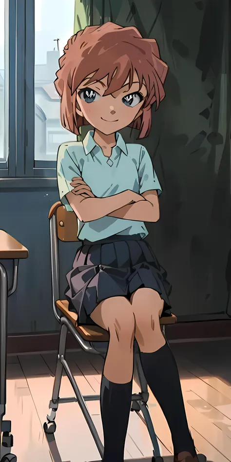 <lora:haibaratv:1>, (masterpiece, best quality),1girl , solo, school uniform classroom, warm lighting, looking at viewer from bottom, looking at camera,  blurry foreground, child, short, young age , smile, sitting on school chair