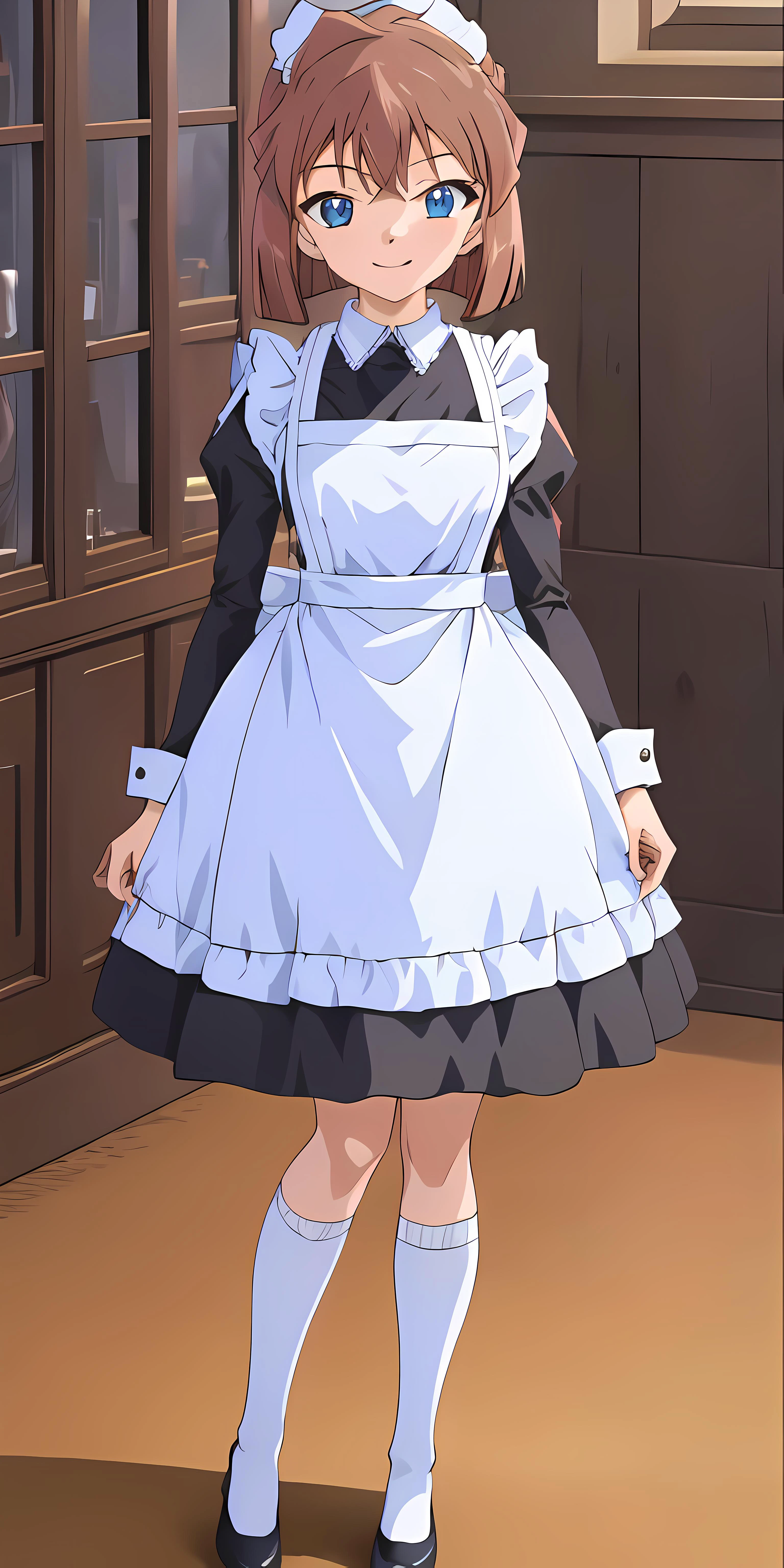 haibaratv,1girl, solo ,anime screencap, screencap, brown hair, short hair, indoors, standing,<lyco:GoodHands-beta2:1>, maid outfit, maid dress, <lora:haibaratv:1>, <lora:TraditionalMaid:0.7>, look at viewer, smile, haibara