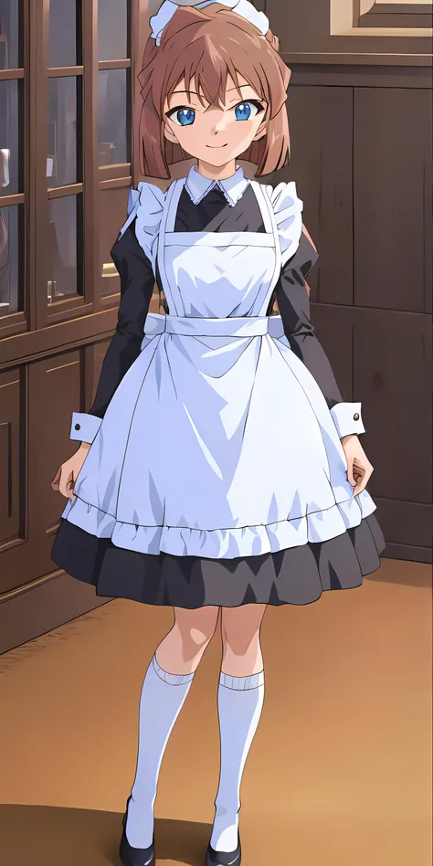 haibaratv,1girl, solo ,anime screencap, screencap, brown hair, short hair, indoors, standing,<lyco:GoodHands-beta2:1>, maid outfit, maid dress,  <lora:haibaratv:1>,  <lora:TraditionalMaid:0.7>, look at viewer, smile, haibara