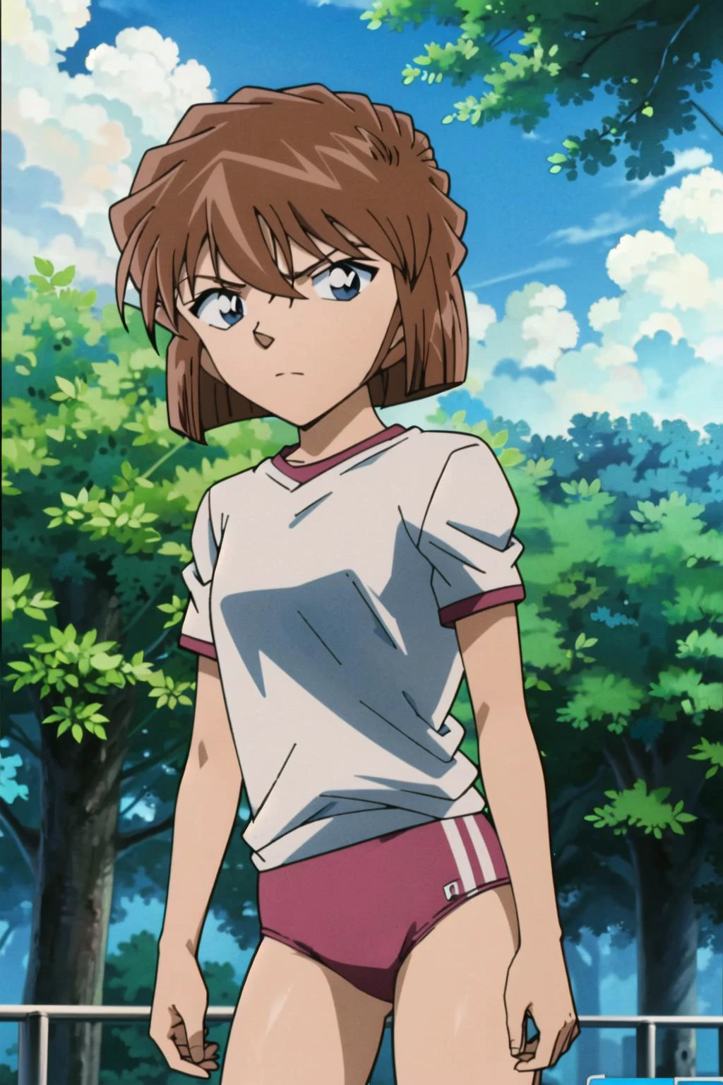 haibaratv,1girl,brown hair,short hair,<lora:haibaratv:0.8>,solo,anime screencap,cowboy shot,gym uniform,school,outdoors,