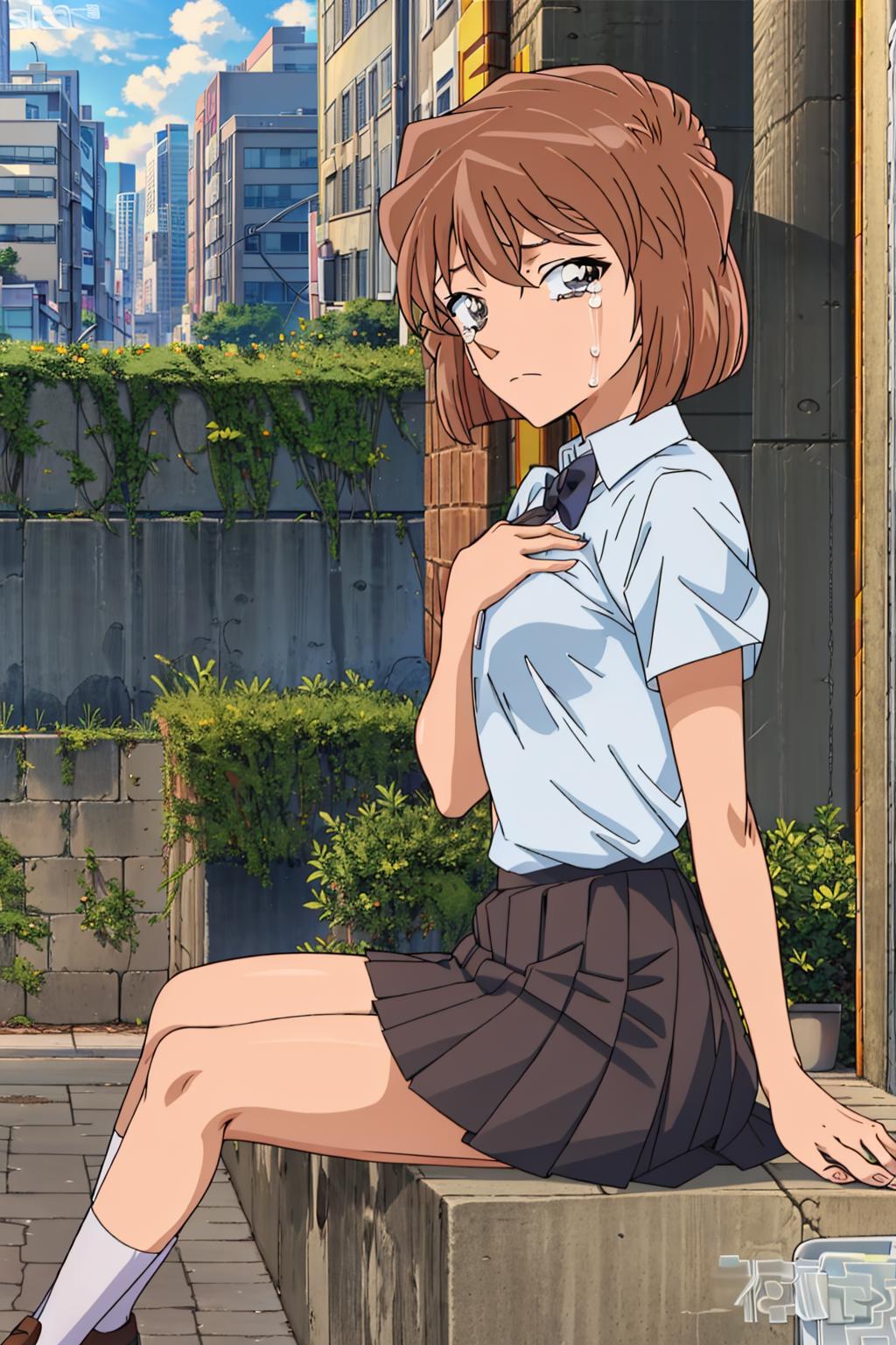 Anime girl sitting on a ledge in a city with a cityscape in the ...