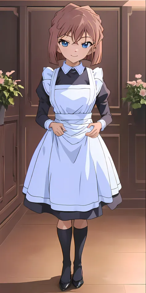 haibaratv,1girl, solo ,anime screencap, screencap, brown hair, short hair, indoors, standing,<lyco:GoodHands-beta2:1>, maid outfit, maid dress,  <lora:haibaratv:1>,  <lora:TraditionalMaid:0.7>, look at viewer, smile, haibara, symmetrical eyes