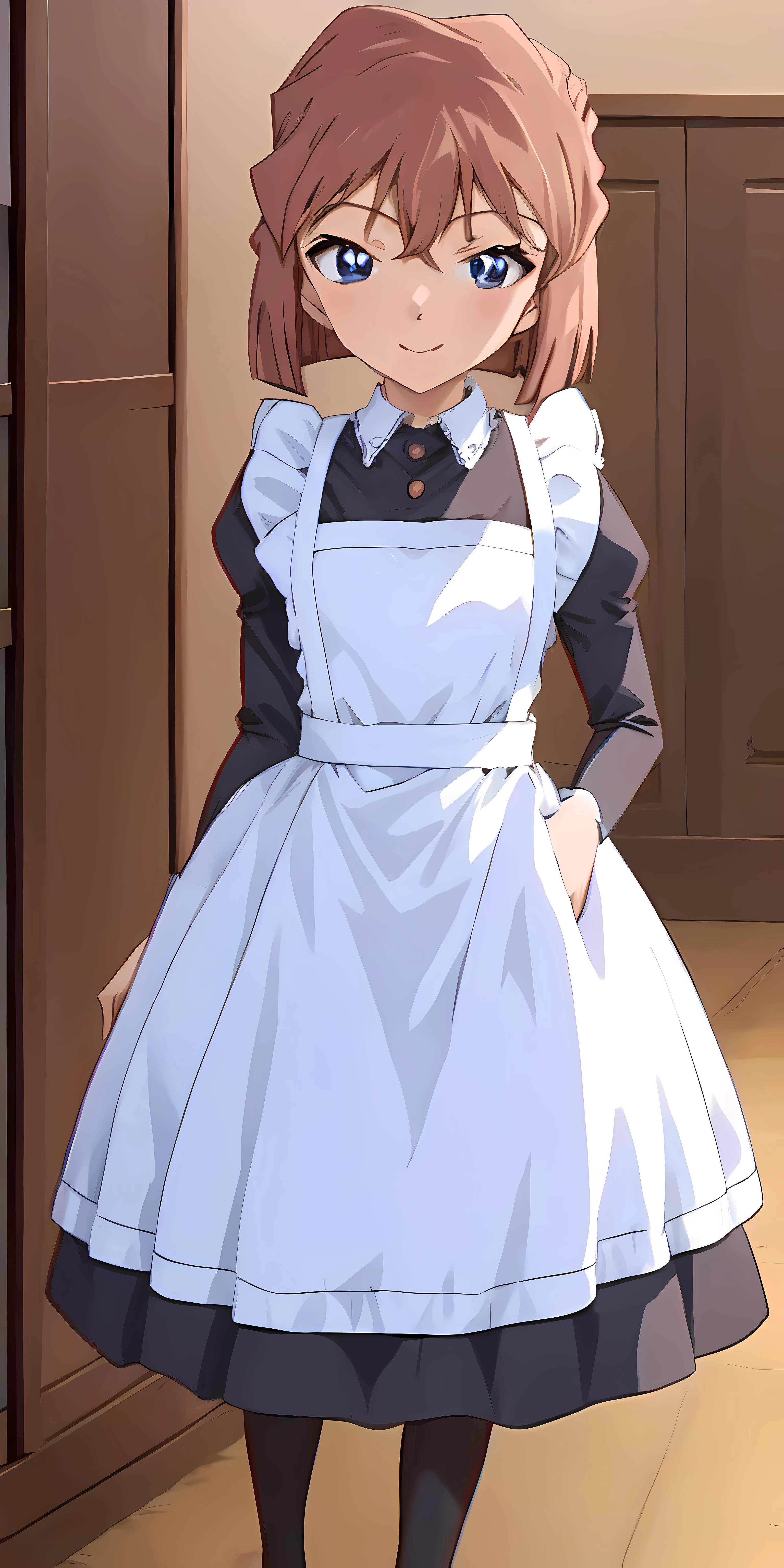 haibaratv,1girl, solo ,anime screencap, screencap, brown hair, short hair, indoors, standing,<lyco:GoodHands-beta2:1>, maid outfit, maid dress, <lora:haibaratv:1>, <lora:TraditionalMaid:0.7>, look at viewer, smile, haibara
