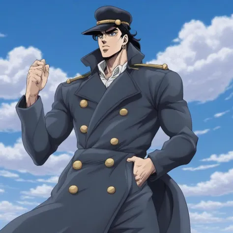 JoJo style, JoJo's Bizarre Adventure, tall male, trench coat, anime, sky, clouds, fake screenshot, official style, jojo, long hair, black hair, beret, sideburns, blue eyes, anime shading, 1boy,