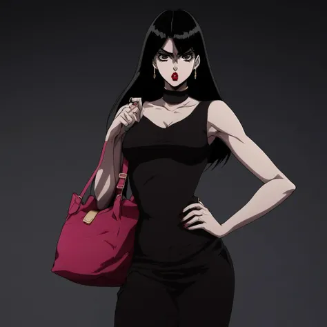 JoJo style, JoJo's Bizarre Adventure, jojo, anime, 1girl, black hair, straight hair, pout, angry expression, bag, hand on hip, lipstick, fake screenshot, official style,