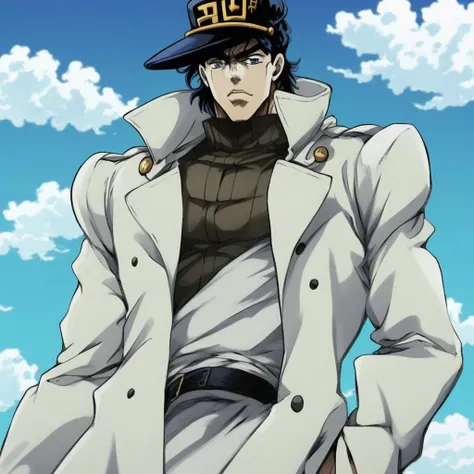 JoJo style, JoJo's Bizarre Adventure, tall male, trench coat, anime, sky, clouds, fake screenshot, official style, jojo, long hair, black hair, beret, sideburns, blue eyes, anime shading, 1boy,