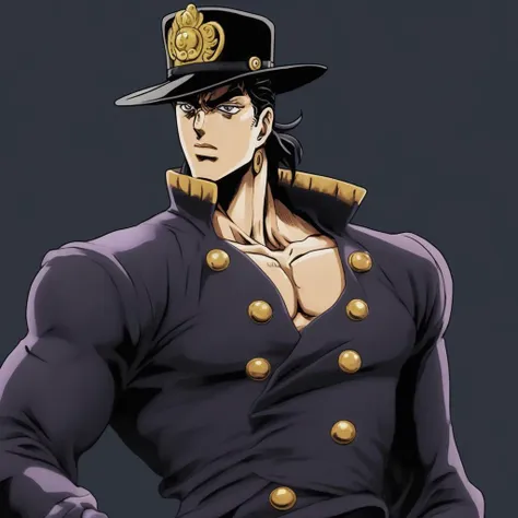 JoJo style, JoJo's Bizarre Adventure, jojo, anime, fake screenshot, official style, jotaro kujo, looking away from viewer, hat covering eyes, hand on brim of hat, hand in pocket, standing, background, black hair, gakuran, chain