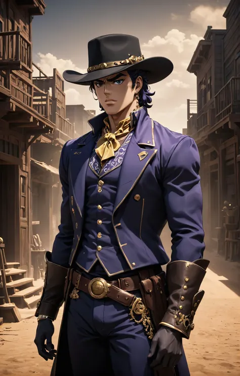 wild west style, (JoJo style, JoJo's Bizarre Adventure), Boujee aesthetics, stunning background. dark and moody, a mesmerizing blend of light and shadow. masterpiece, absurdres, intricate details <lora:LORA_JoJos_Bizarre_Adventure_art_style-000004:0.75>, the old west, historical, rustic, the wild west