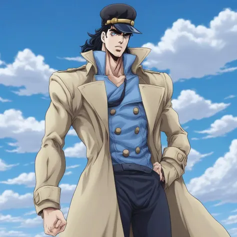 JoJo style, JoJo's Bizarre Adventure, tall male, trench coat, anime, sky, clouds, fake screenshot, official style, jojo, long hair, black hair, beret, sideburns, blue eyes, anime shading, 1boy,