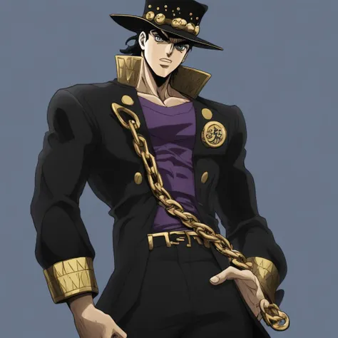 JoJo style, JoJo's Bizarre Adventure, jojo, anime, fake screenshot, official style, jotaro kujo, looking away from viewer, hat covering eyes, hand on brim of hat, hand in pocket, standing, background, black hair, gakuran, chain