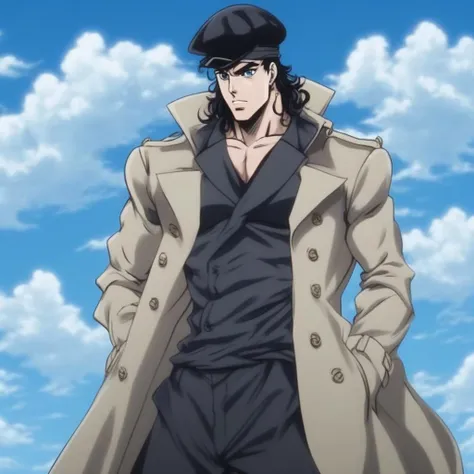 JoJo style, JoJo's Bizarre Adventure, tall male, trench coat, anime, sky, clouds, fake screenshot, official style, jojo, long hair, black hair, beret, sideburns, blue eyes, anime shading, 1boy,