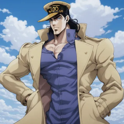 JoJo style, JoJo's Bizarre Adventure, tall male, trench coat, anime, sky, clouds, fake screenshot, official style, jojo, long hair, black hair, beret, sideburns, blue eyes, anime shading, 1boy,