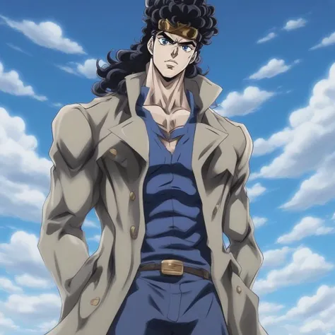 JoJo style, JoJo's Bizarre Adventure, tall male, trench coat, anime, sky, clouds, fake screenshot, official style, jojo, long hair, black hair, beret, sideburns, blue eyes, anime shading, 1boy,