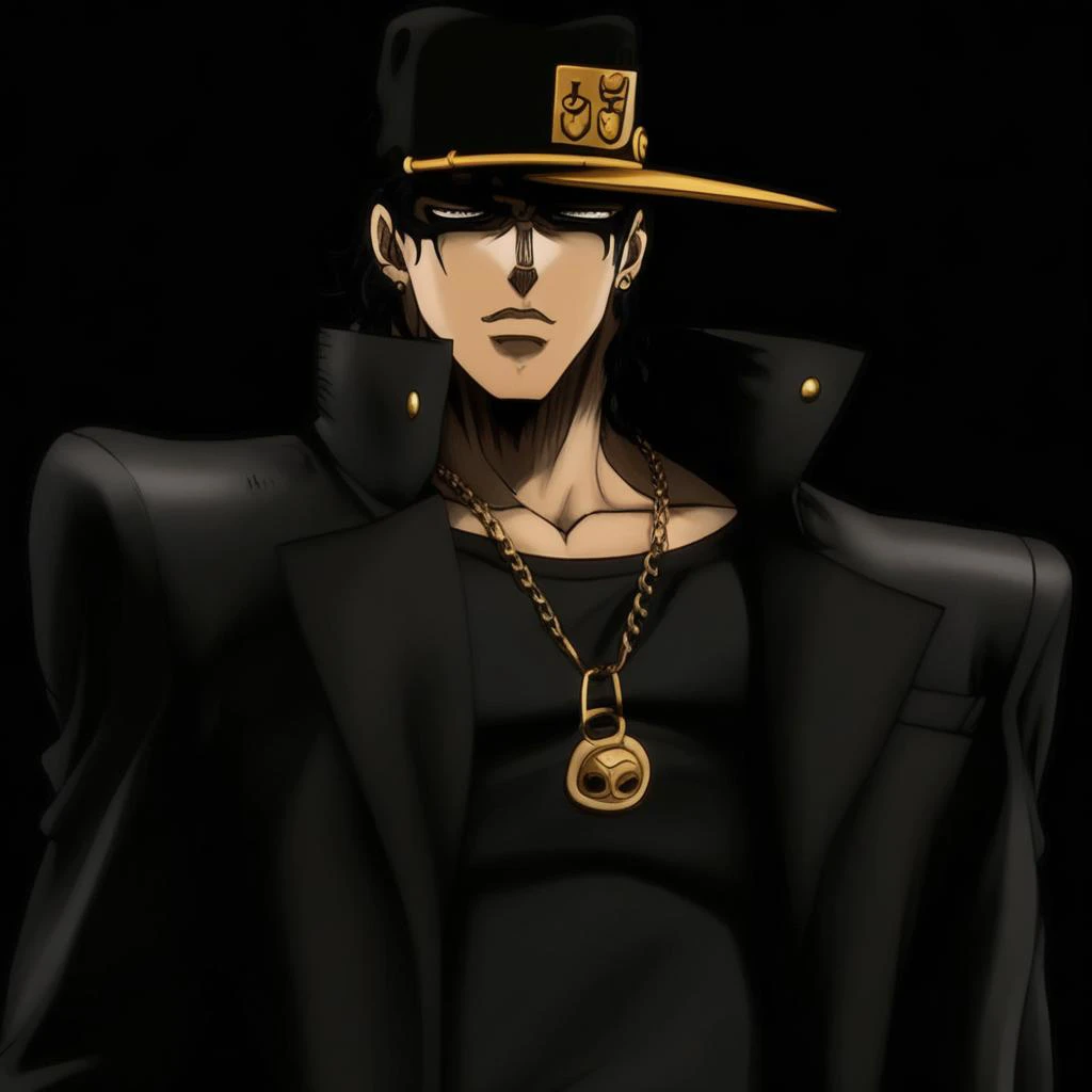 JoJo style, JoJo's Bizarre Adventure, jojo, anime, fake screenshot, official style, jotaro kujo, looking away from viewer, hat covering eyes, hand on brim of hat, hand in pocket, standing, background, black hair, gakuran, chain