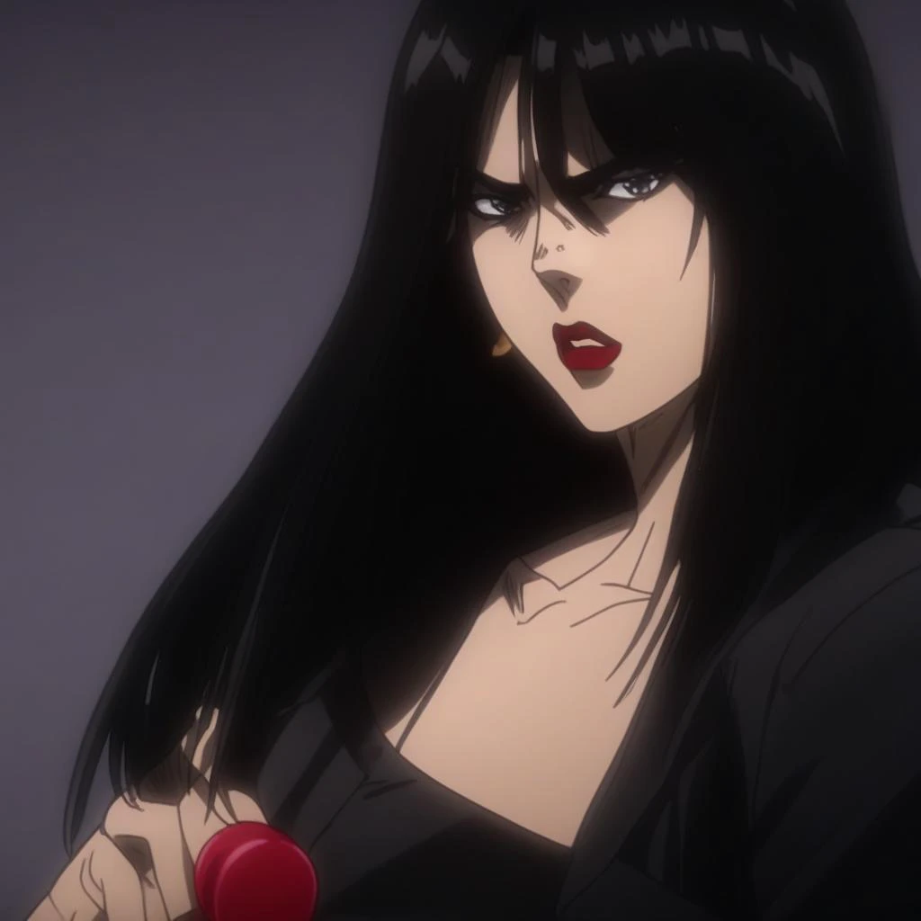 JoJo style, JoJo's Bizarre Adventure, jojo, anime, 1girl, black hair, straight hair, pout, angry expression, bag, hand on hip, lipstick, fake screenshot, official style,