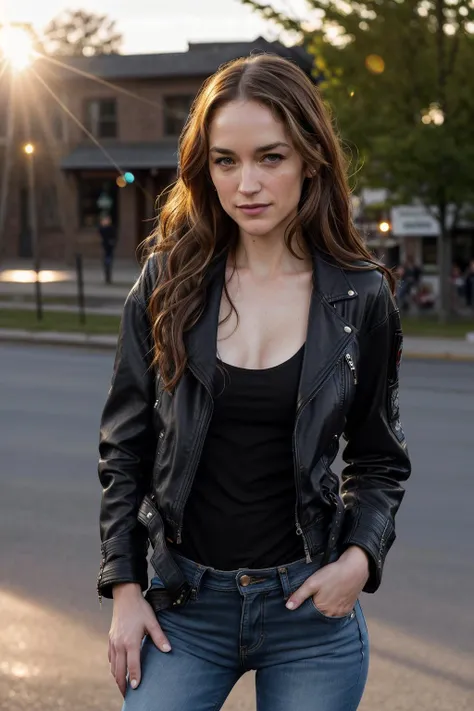 Koh_MelanieScrofano, wavy hair, (black leather jacket, jeans:1.2). in an old west town, sunset, (lens flare:1.3). fcHeatPortrait