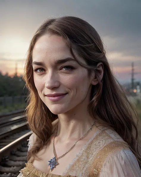 beautiful woman (Koh_MelanieScrofano:.99), beautiful hair, elegant, ( railroad tracks) , hair blowing in wind, wind lift, natural skin texture, (modest serving uniform with neck:1.4, detached sleeves), sunset, cute smile, 24mm, 4k textures, soft cinematic light, adobe lightroom, photolab, hdr, intricate, elegant, highly detailed, sharp focus, ((((cinematic look)))), soothing tones, insane details, intricate details, hyperdetailed, low contrast, soft cinematic light, exposure blend, hdr, faded,
