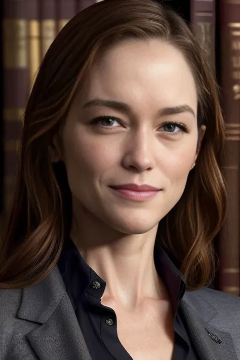Picture, best quality, a woman in a library, photo of beautiful librarian Koh_MelanieScrofano, wearing a blazer, dim lighting, low lighting, dramatic, looking at viewer, perfect face, perfect eyes, sharp focus, trending on ArtStation, trending on CGSociety, <lora:ContrastFix_sd15:1>
