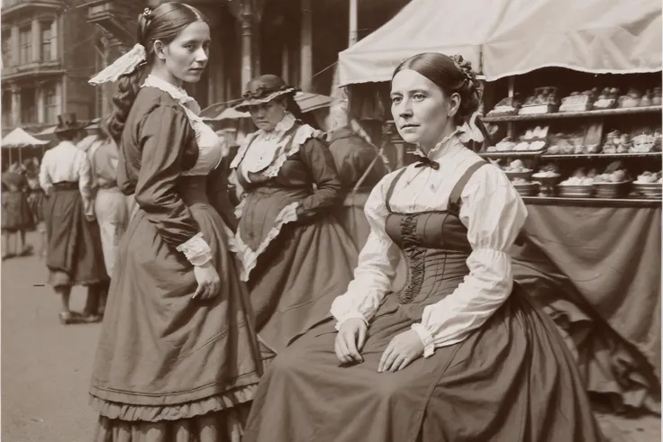 a woman in a victorian dress on a street market, <lora:DonM4lbum1nV2:1>
