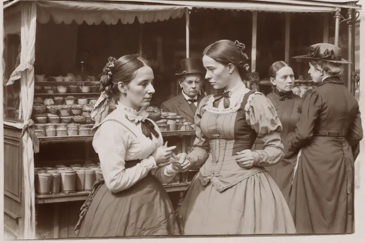 a woman in a victorian dress on a street market, <lora:DonM4lbum1nV2:1>