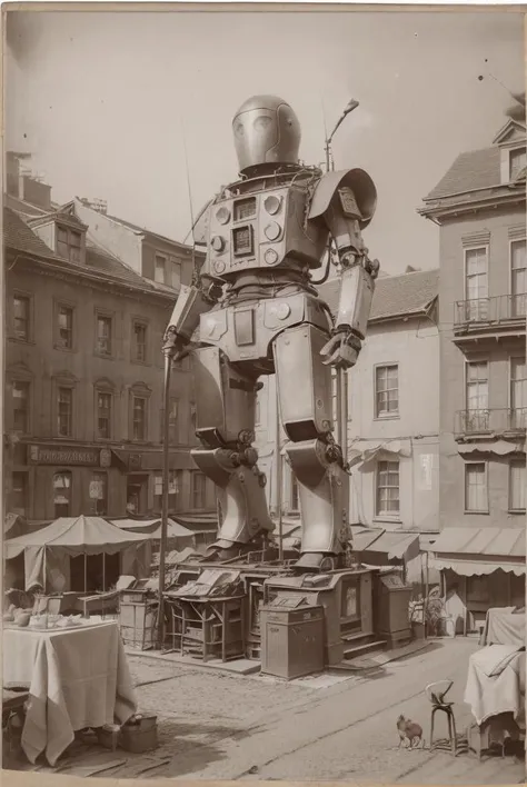 realistic photo, old photography, a giant robot in a a street market, 1800, <lora:DonM4lbum1nV2:1>, masterpiece, best quality, highly detailed, 8k, trending, professional, symmetrical, hires, <lora:add_sharpness:0.6> <lora:epi_noiseoffset2:0.6>,