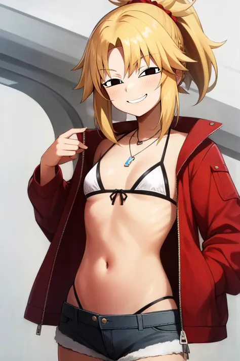 (masterpiece, best quality),  intricate details,
1girl,     <lora:mordred-lora-nochekaiser:0.8> modred, blonde hair, ponytail, short hair, scrunchie, red scrunchie, hair scrunchie,, denim, denim shorts, jacket, jewelry, midriff, navel, necklace, red jacket, short shorts, shorts, tube top, white top,, bikini, red bikini, side-tie bikini bottom, strap gap, swimsuit,
 <lora:hotarueye_comic10_v080:0.8> <lora:LottaLewdAnyaFace:0.8> anyahehface, smug, smirk,