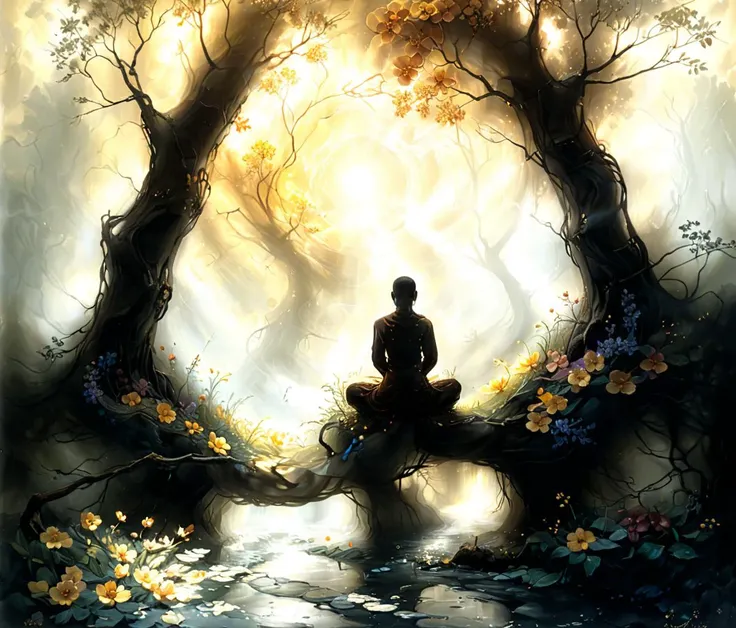 Artme, a painting of a single sitting and meditating tibetan monk in the middle of a forest with flowers and a stream running through it, golden light, fantasy art, kinkade, Christophe Vacher, <lora:ArtfullyME_SDXL__v1:1>