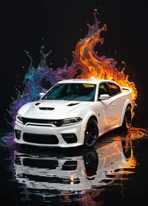 inddors, a parked white chargerhellcatsrt car, simplistic, black room, lights, highly detailed, cinematic, colorful, splashing, reflections, water, energy, fluid, waves, engraved, fire
 <lora:ArtfullyME_SDXL__v1:0.6> Artme <lora:ChargerHellcatSDXL:0.8>