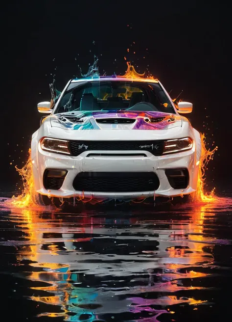 inddors, a parked white chargerhellcatsrt car, simplistic, black room, lights, highly detailed, cinematic, colorful, splashing, reflections, water, energy, fluid, waves, engraved, fire
 <lora:ArtfullyME_SDXL__v1:0.6> Artme <lora:ChargerHellcatSDXL:0.8>